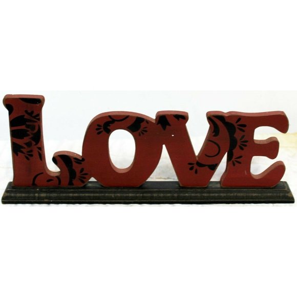 "Love" Stand Up Decorative Sign Red Home Decor Black Swirl Paisley Designs - Picture 1 of 6